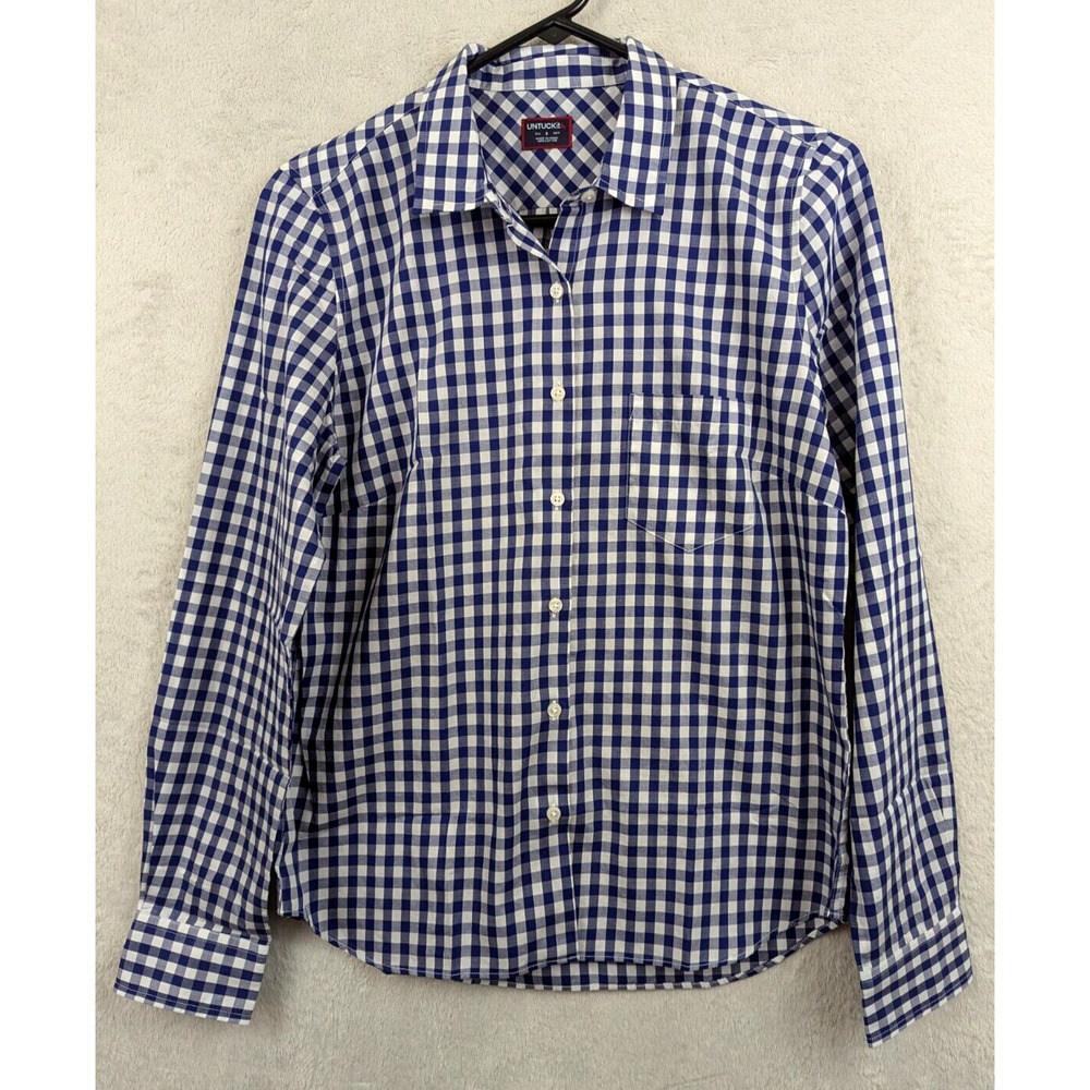 Untuckit sz 8 Belleza Shirt buttons blue & white plaid print ls top 1718